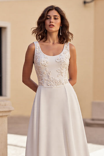 Ivory A Line Long Scoop Neck Wedding Dress